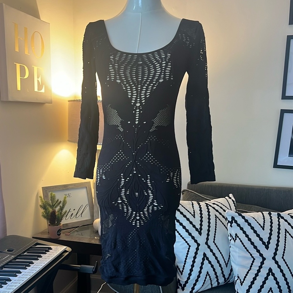 Bebe Bodycon Dress. Black Nude Underlay